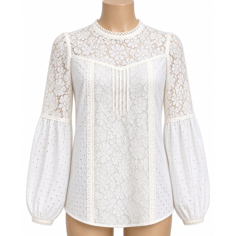 White House Black Market Lace Eyelet Mock Neck Blouse Women 14 White